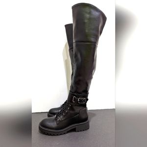 NEW Guess Black Over-the-Knee Faux Leather Saiva Lug Sole Combat Boots +